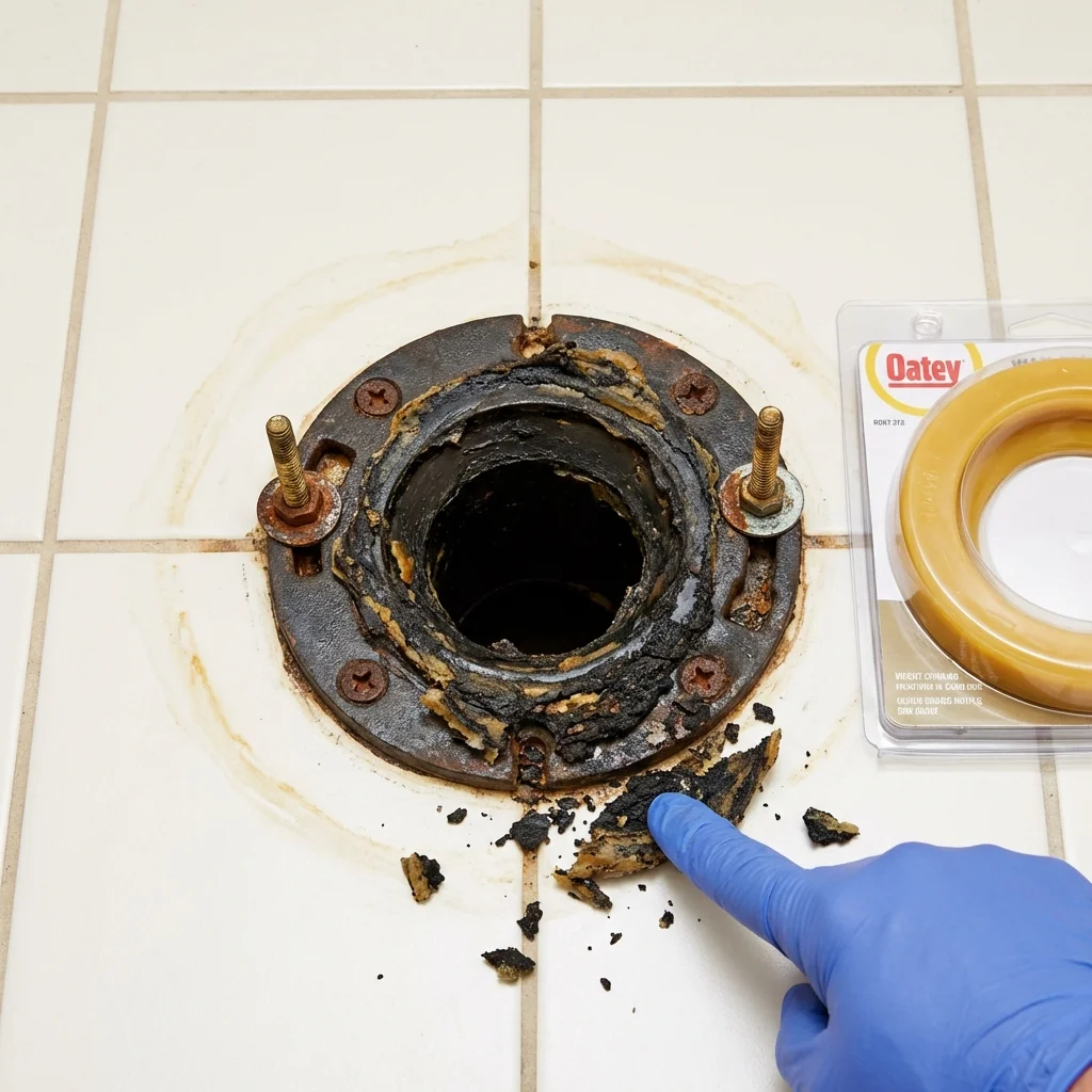 Failed wax ring showing water seepage at the base of a toilet in a Coldwater, MS home