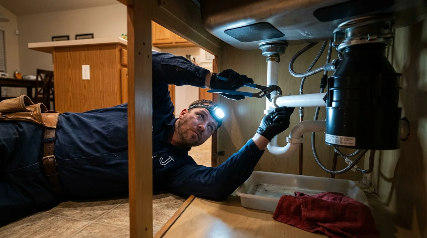 P-trap and supply line connections under a kitchen sink showing a common leak point in Coldwater, MS